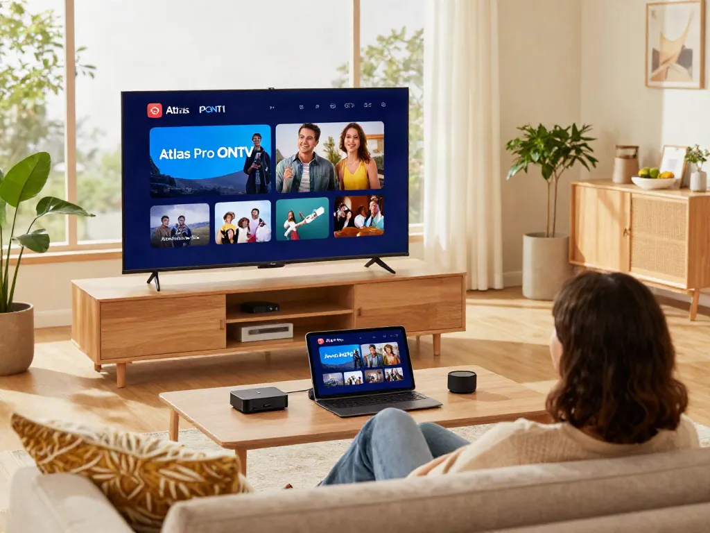 Utilisation de l'application atlas pro ontv sur un téléviseur intelligent dans un salon moderne.