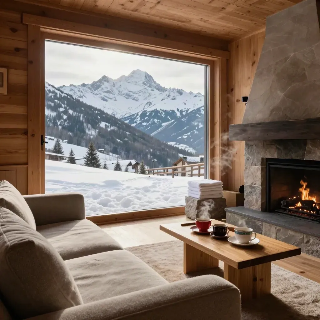 Salon de chalet avec thé, serviettes de sauna et vue sur le Mont-Blanc au coucher du jour.