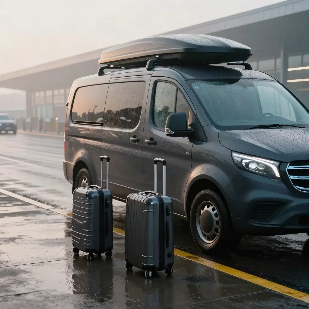 Navette aéroport noire chargée de valises sur bitume mouillé à l’aube.