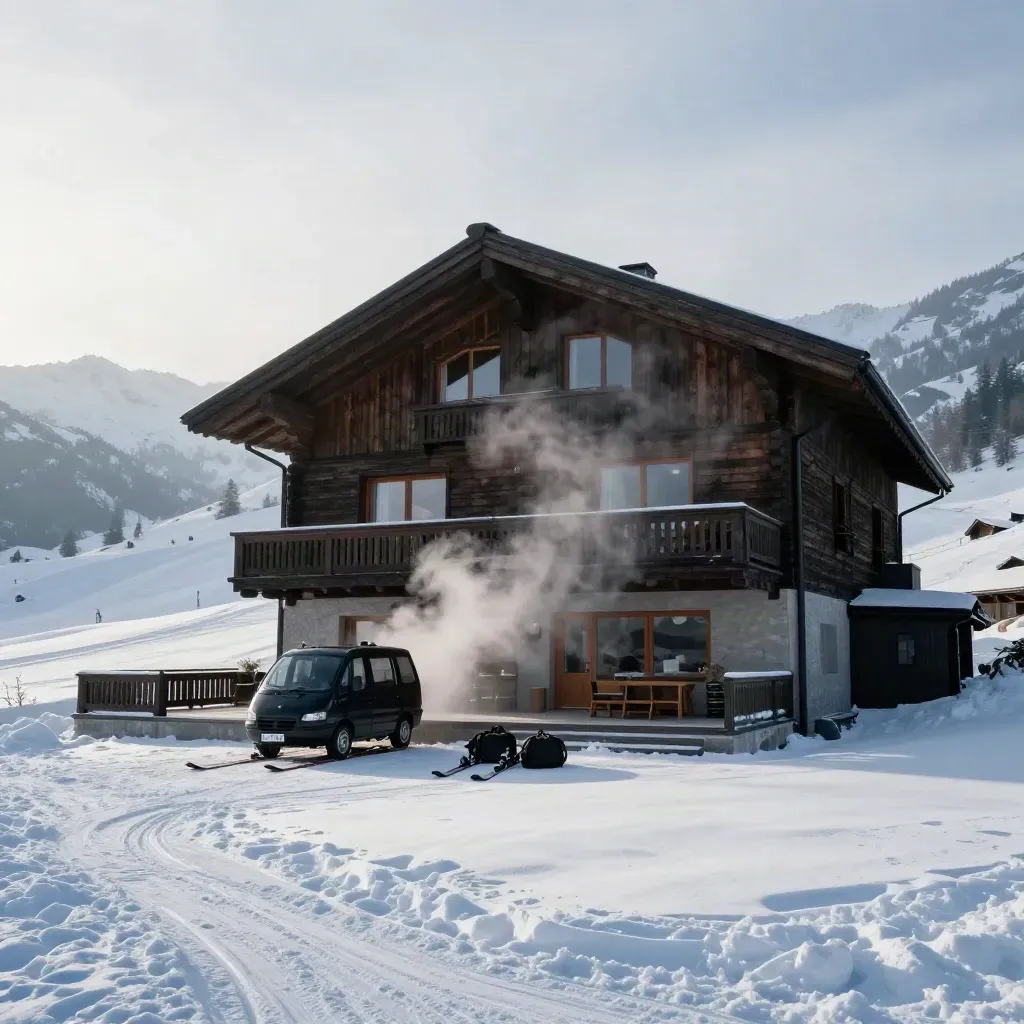 Chalet alpin, navette noire, skis et bagages dans la neige, vapeur de spa au lever du jour.
