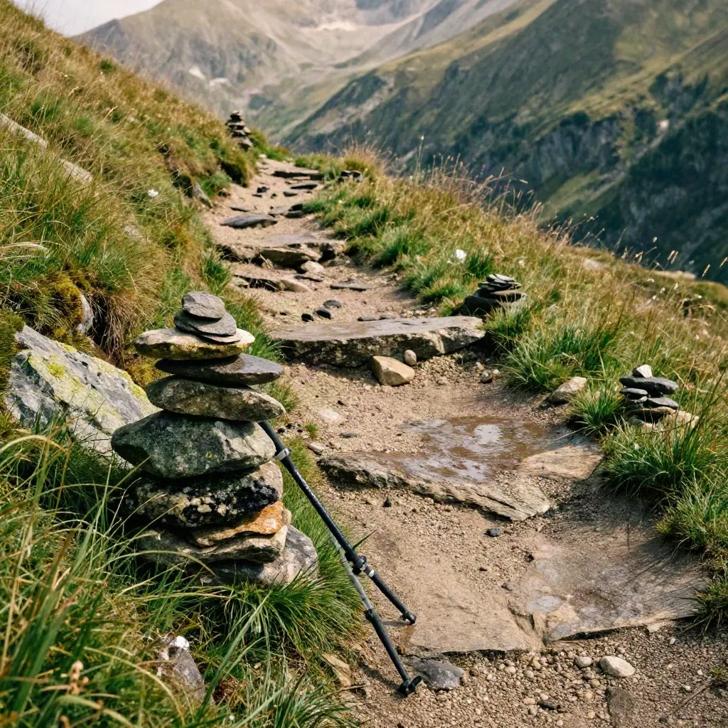 Sentier de randonnée d’été près de Megève, cairns, bâtons et prairie alpine après la pluie.