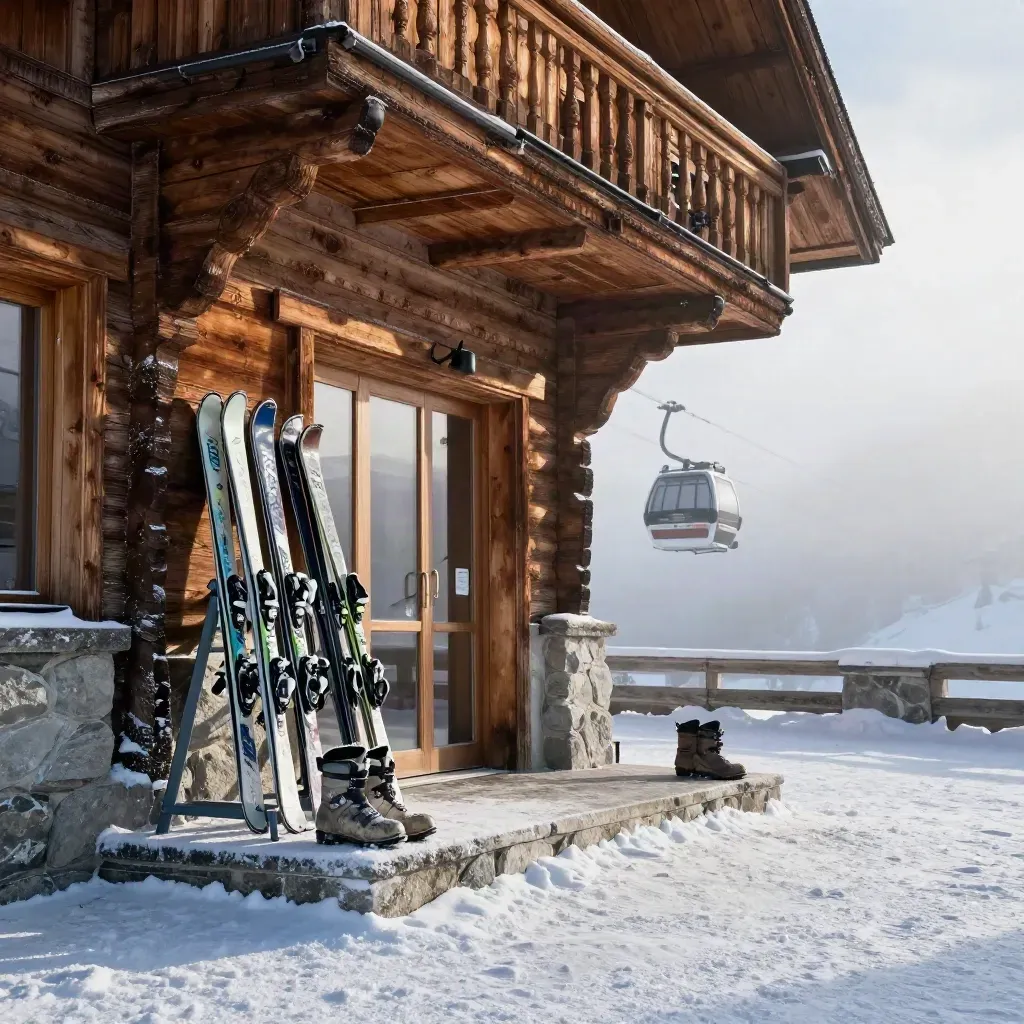 Entrée de chalet à Méribel au petit matin, skis rangés et télécabine au loin.
