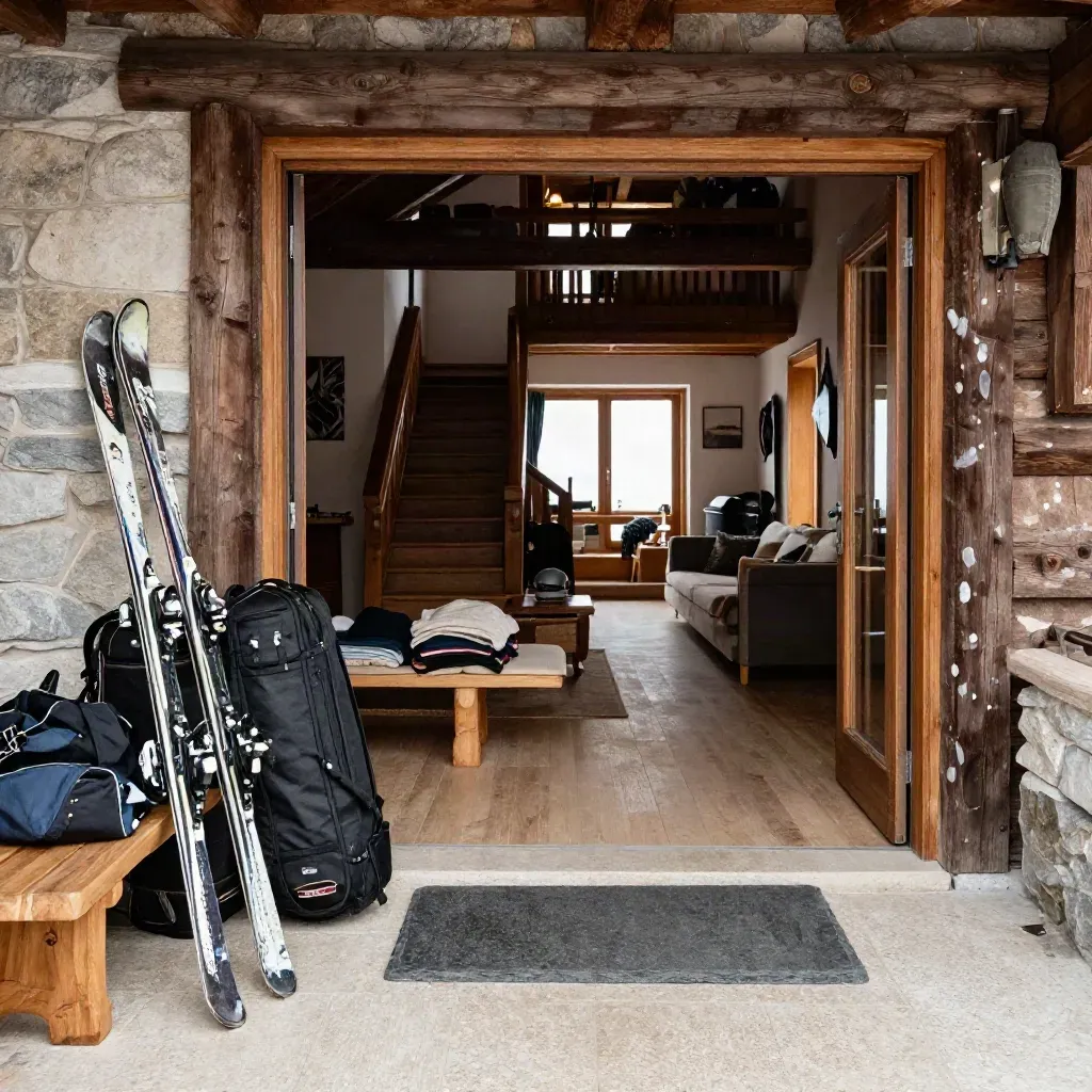 Entrée d’un chalet alpin avec skis livrés, sacs alignés et escalier vers le séjour.