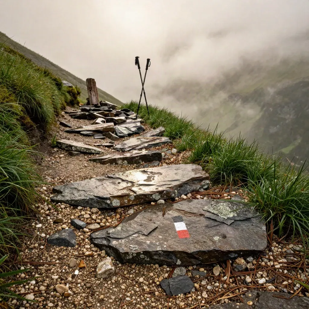 Sentier alpin humide à Megève, bâtons plantés près d’un cairn et vallée en éclaircie.