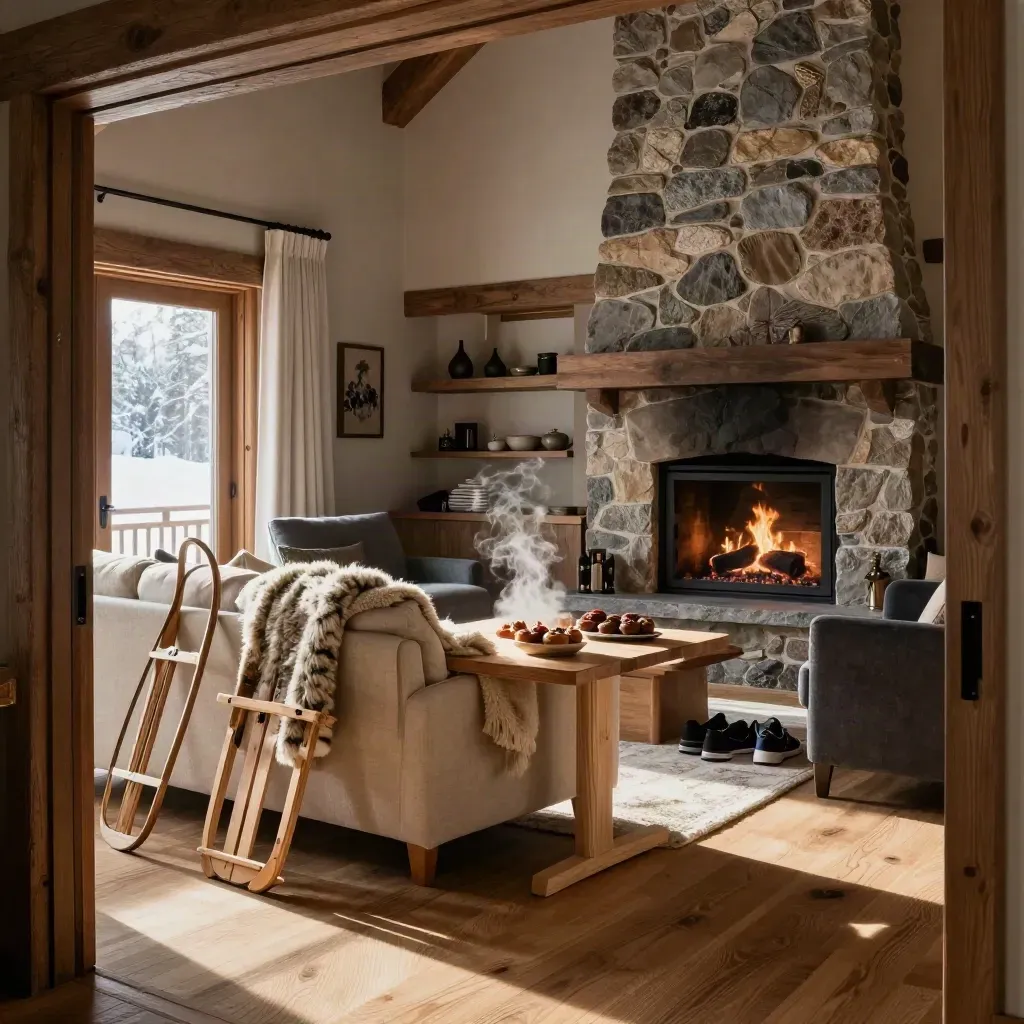 Salon de chalet familial avec goûter, plaids, luges et feu de cheminée en fin d’après-midi.