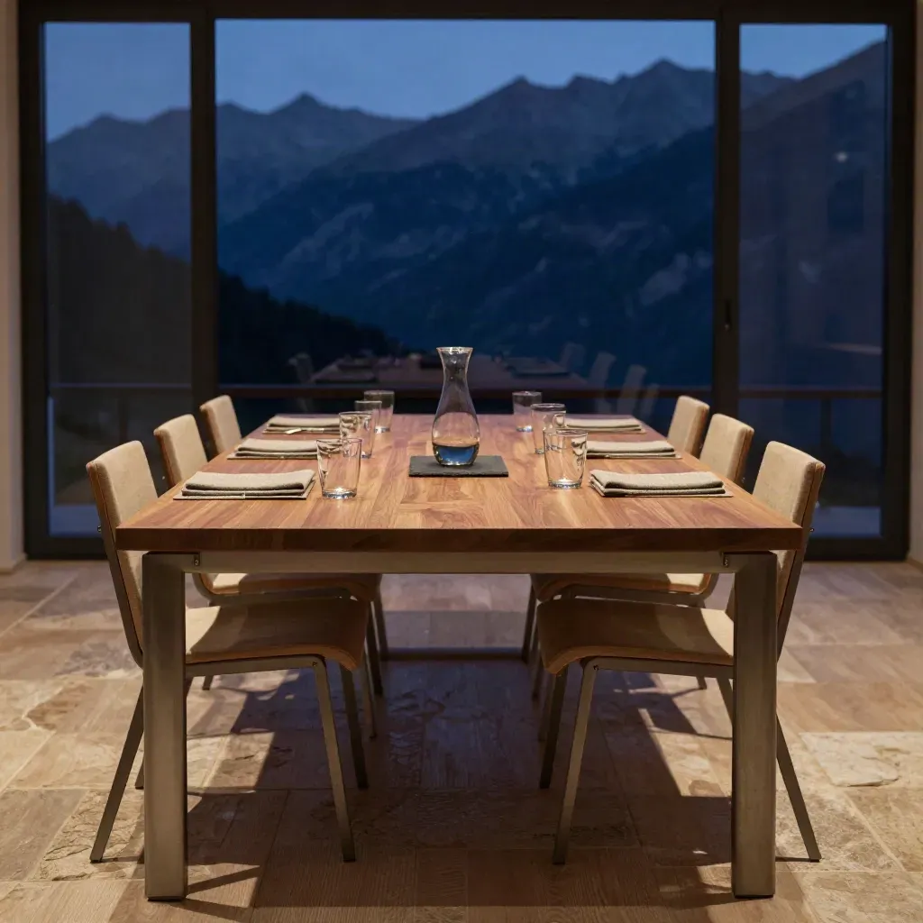 Salle de séminaire alpine vide, table longue, carafes et vue sombre sur les montagnes.