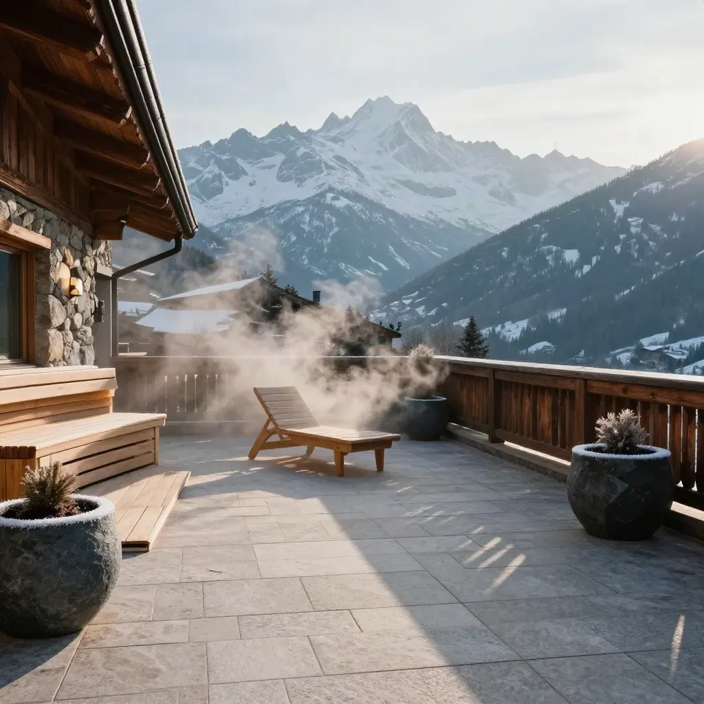 Spa de chalet à Chamonix, terrasse en travertin, sauna bois et Mont-Blanc à l’aube.