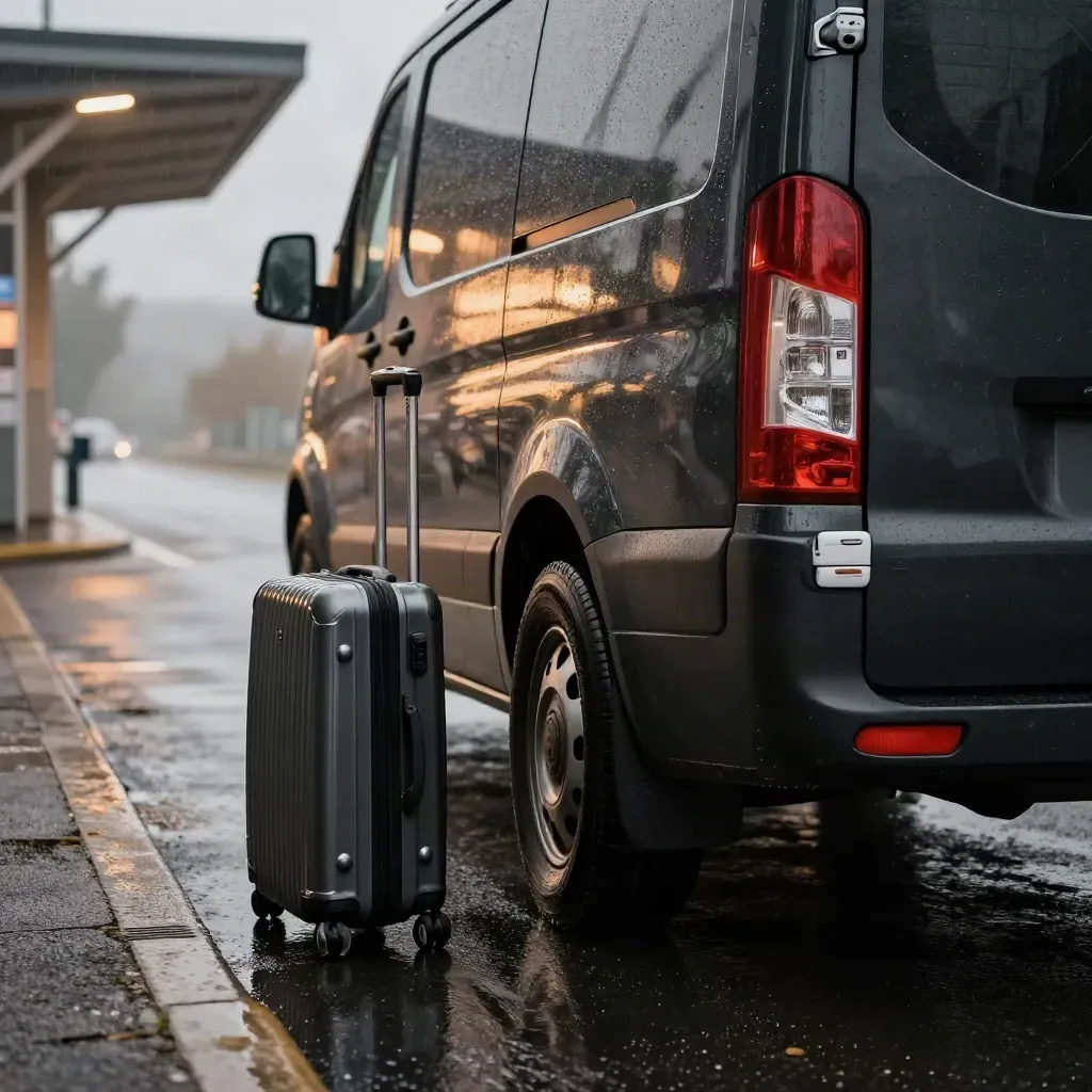 Fourgonnette noire de transfert privé sous la pluie devant le terminal, valises rigides et asphalte brillant.