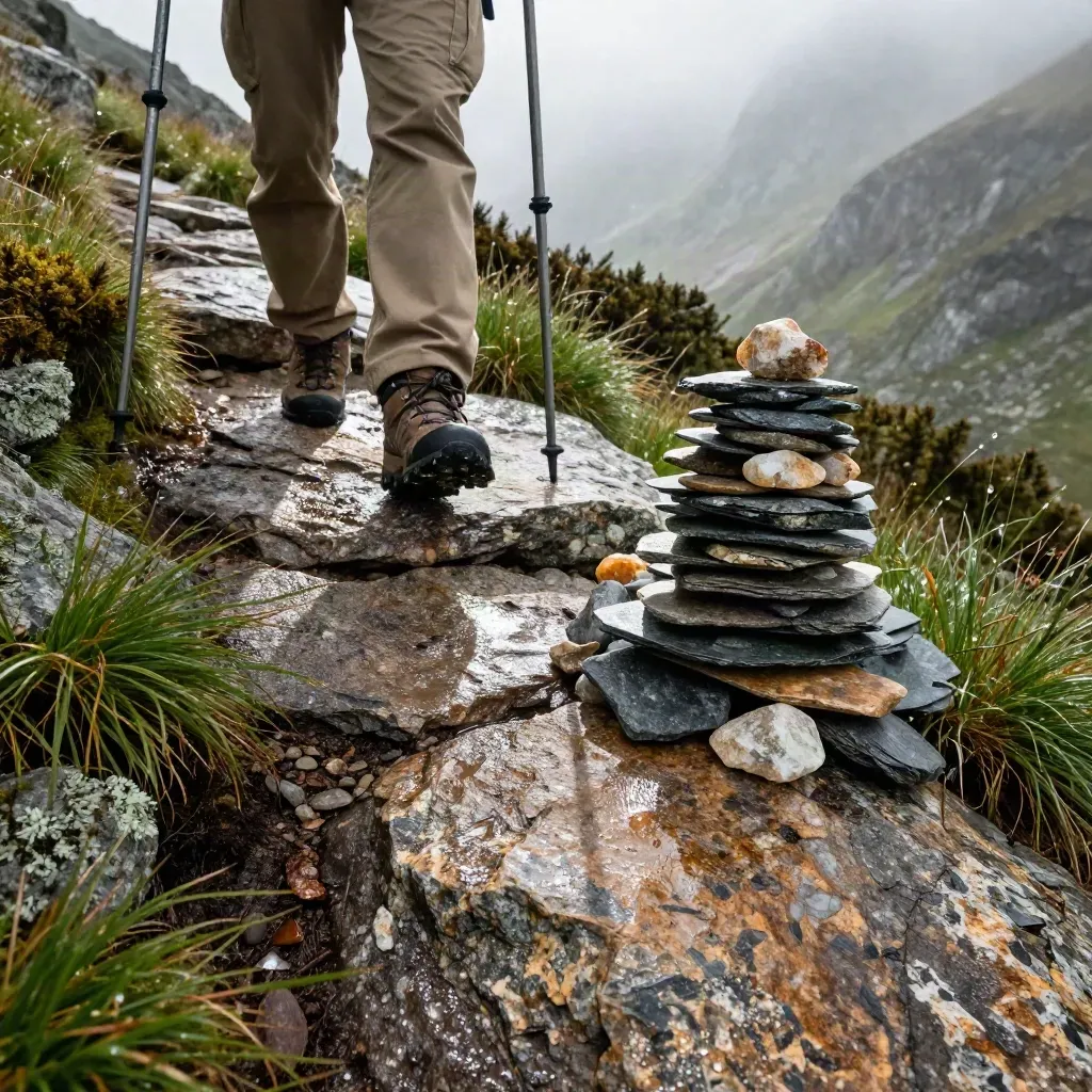Randonnée guidée sur sentier mouillé, bottes, bâtons et cairn dans la brume alpine.