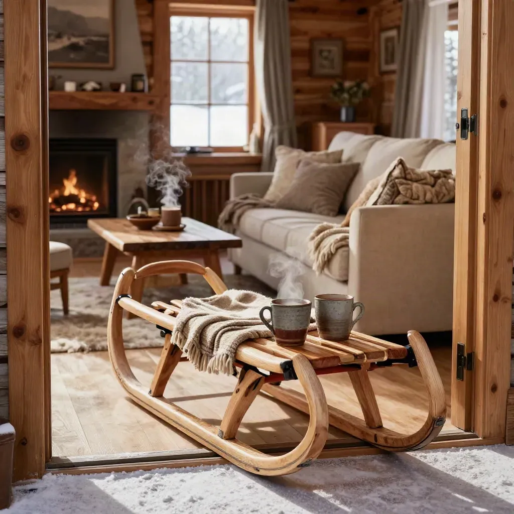 Salon de chalet d’hiver avec luge en bois, plaids épais, tasses de chocolat chaud et cheminée