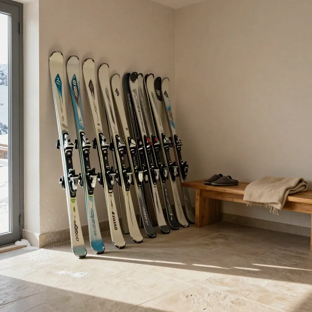 Espace de location de skis avec skis alignés, banc en bois, chaussons et porte-chaussures.