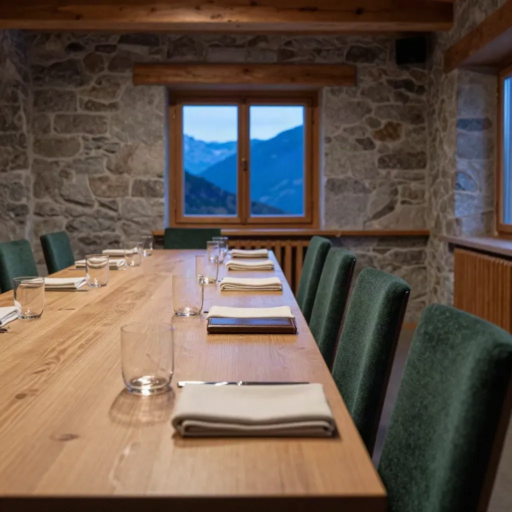 Salle de séminaire vide dans un chalet, table dressée et montagnes au crépuscule.