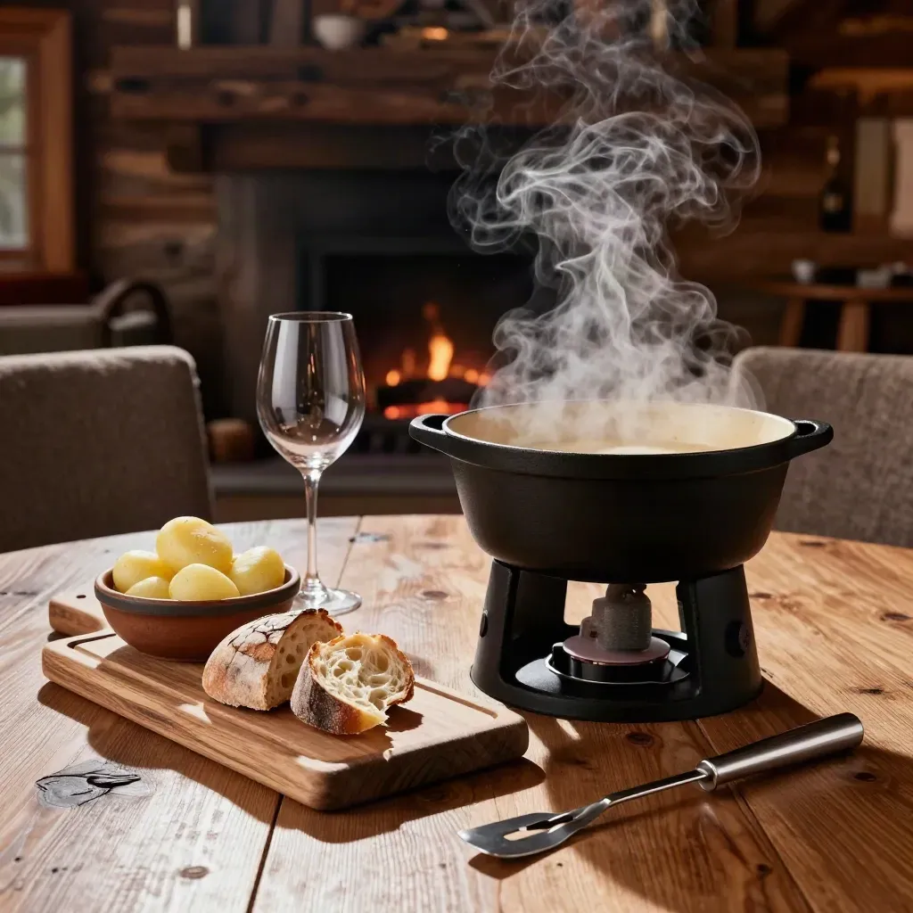 Caquelon fumant, pain rustique et verres prêts sur une table de chalet, lumière nocturne.
