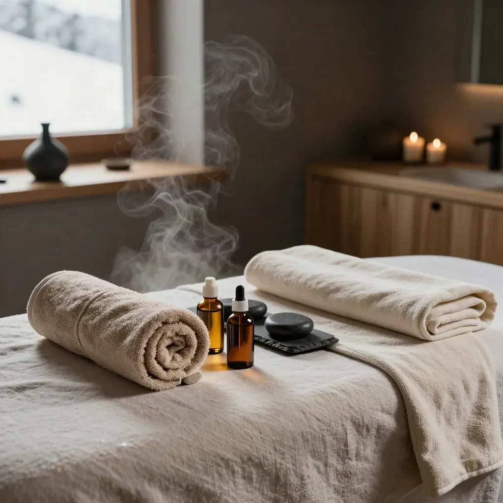 Espace massage après ski avec serviettes roulées, huiles fermées et pierres chauffées dans une vapeur douce.