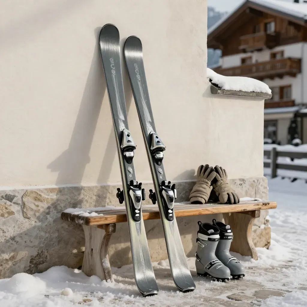 Skis, chaussures et gants livrés au chalet sur fond clair, lumière douce et neige fine.