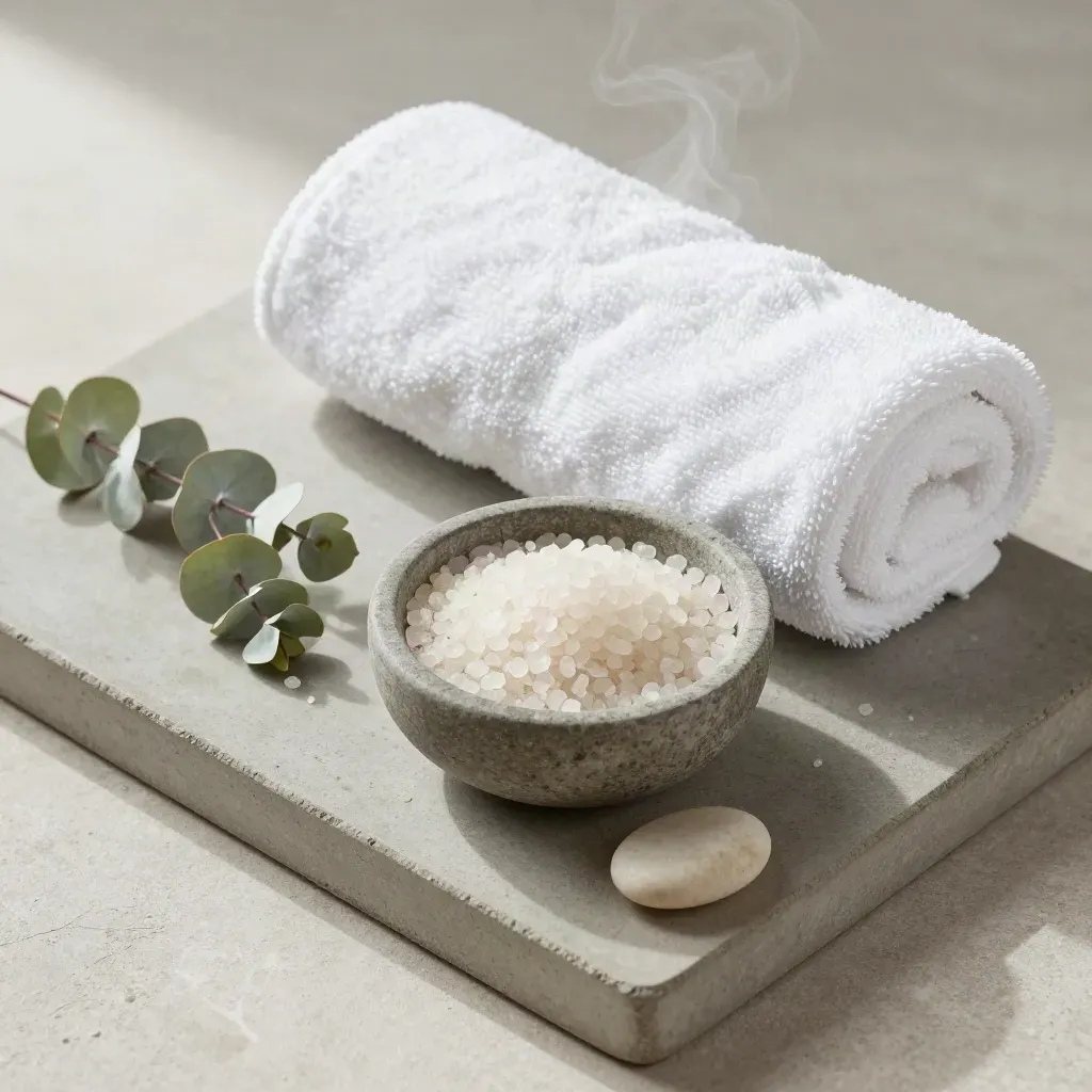 Vue du dessus d’une serviette blanche, sels de bain, eucalyptus et galet sur pierre.